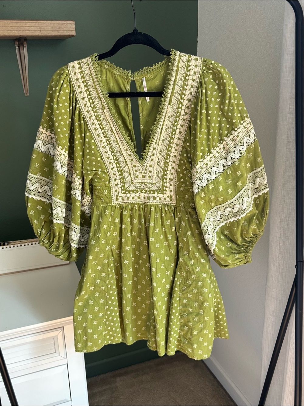 Free People Olive Green Embroidered V-Neck Mini Dress